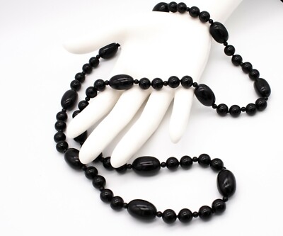 Collier Sautoir Art Déco Ancien En Onyx Noir - Bijou Vintage Occasion
