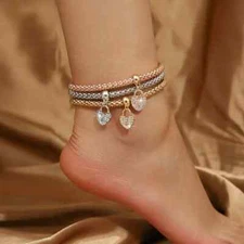3pcs Elegant Rhinestone Heart Charm Anklets Set - Stretchy, Trio Color Options