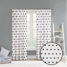 4 Window Curtain WHITE AND BLACK Pom Pom Embellished Window Panel 50"X84"