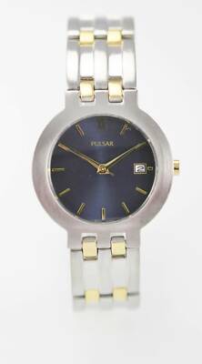 Pulsar Men Watch Stainless Steel Silver Gold Water Resistant  Blue Date Quartz-2