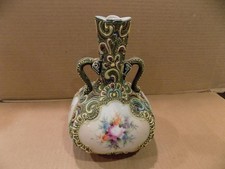Antique Japanese Nippon Moriage 7 1/4" 2 Handle Vase Ornate Hand Painted Designs