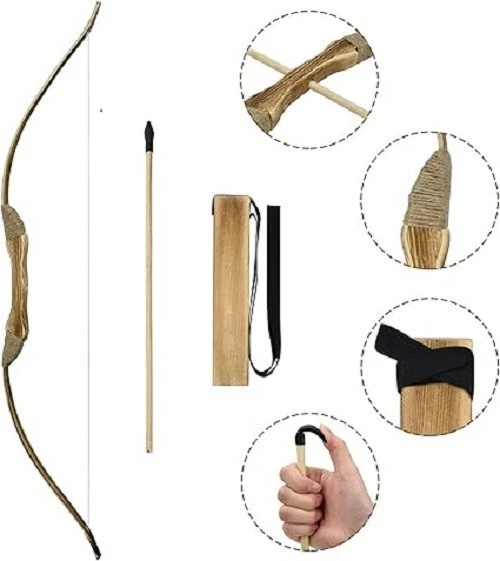 Juego de arco y flecha para niños, juego de tiro con arco de 32 pulgadas hecho a mano arco y flecha de juguete de madera Foto 4 de 4