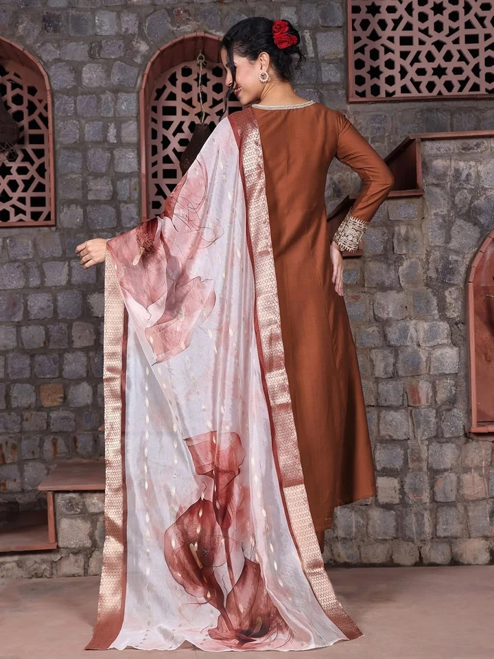 Women's Cotton Silk Embroidered Anarkali Kurta Palazzo with Digital Print Dupata - Image 3 of 4