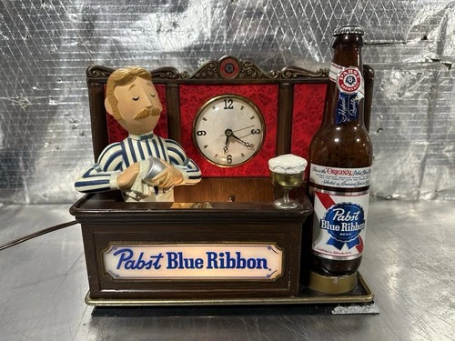 Vintage 1960s Pabst Blue Ribbon Beer Bartender Lighted Sign Display With Clock