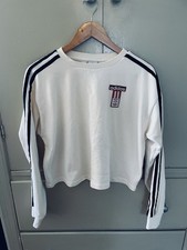 Adidas Women s M Cropped Sweatshirt Fleece Logo Terry Trefoil Stripe Ivory New