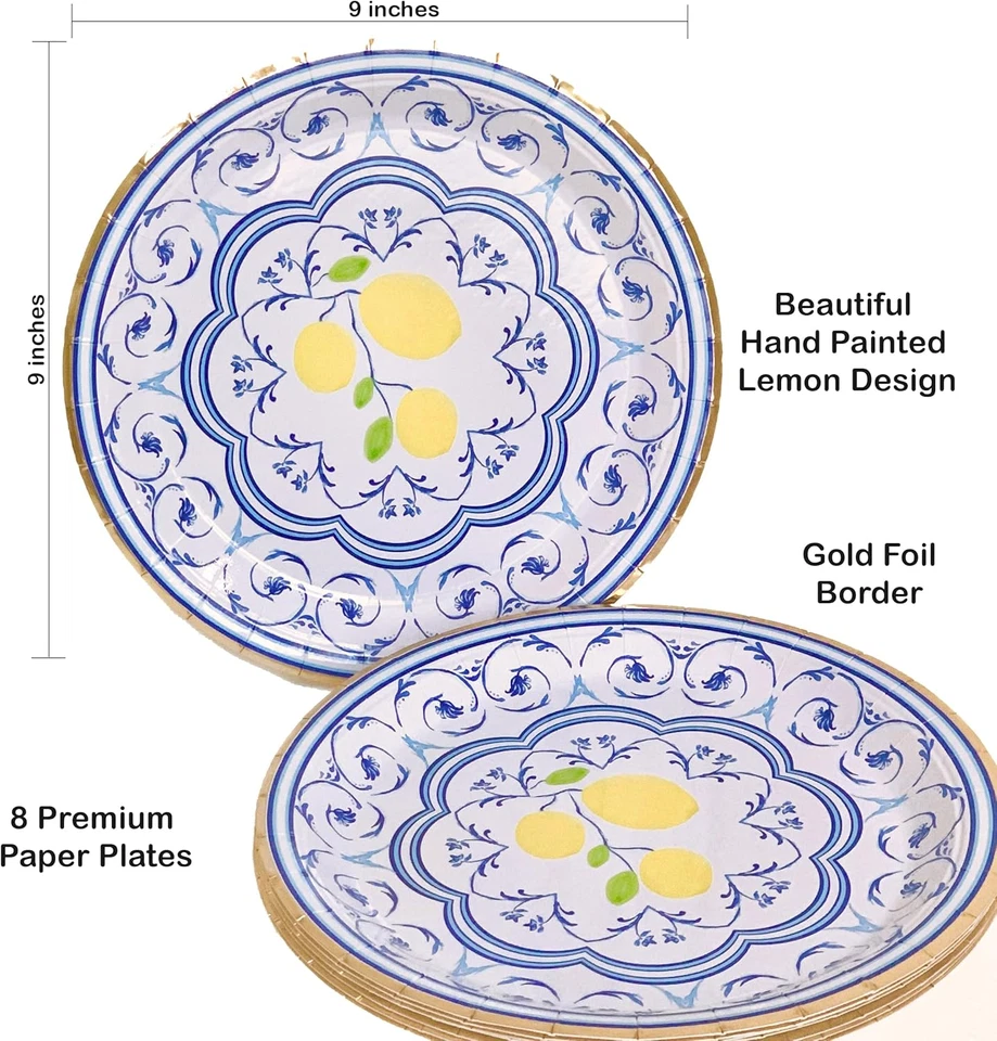 Platos de papel Capri Limón - Juego de 8 platos de papel - Suministros para fiestas de picnic - Engag Foto 2 de 4