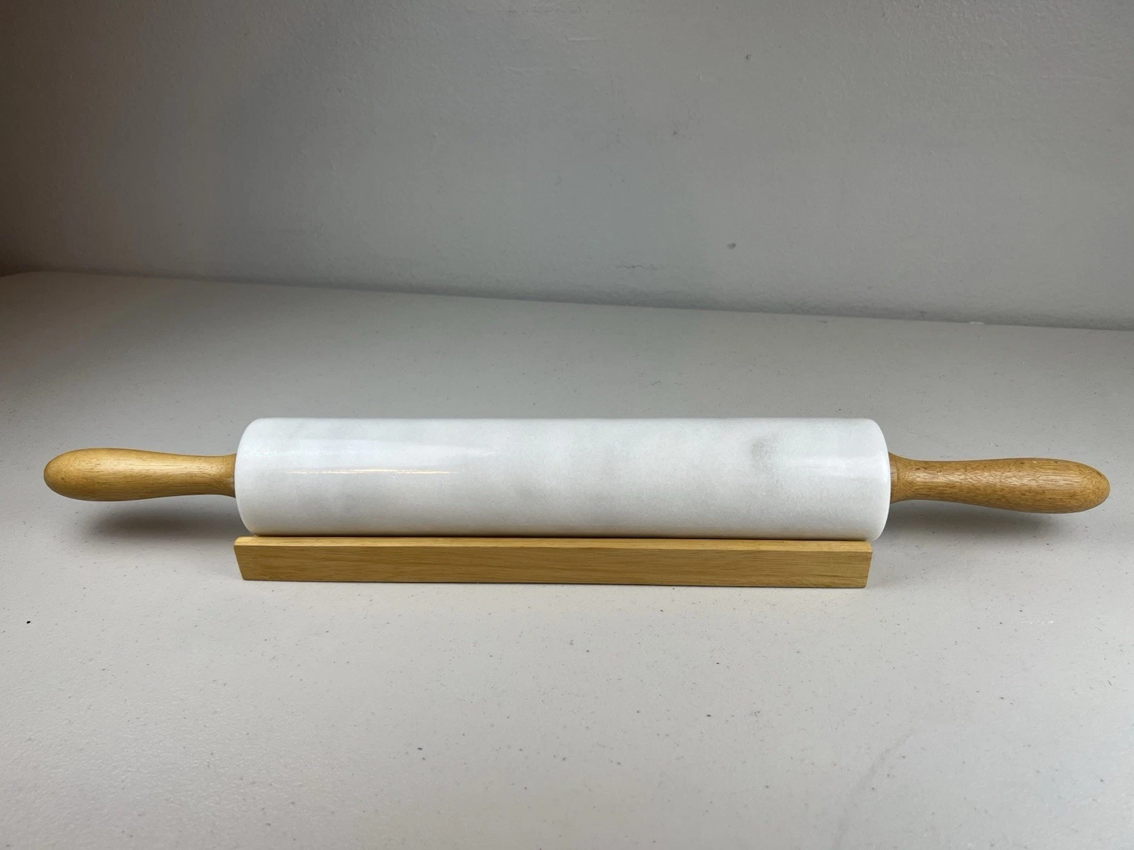 Vintage White Marble Rolling Pin with Wood Handles and Matching Cradle Base 18in