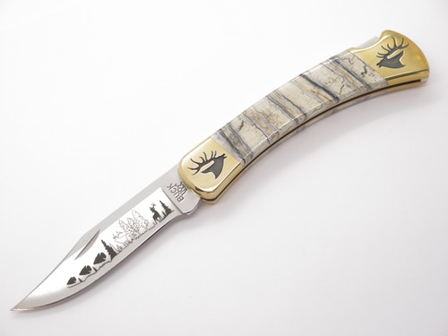 Custom Brian Yellowhorse Buck 110 Elk Scene Lockback Folding Hunter Knife - Picture 2 of 8