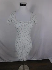 H&M Divided Dress Womens XS White Blue Floral Ribbed Square Neck Bodycon Mini