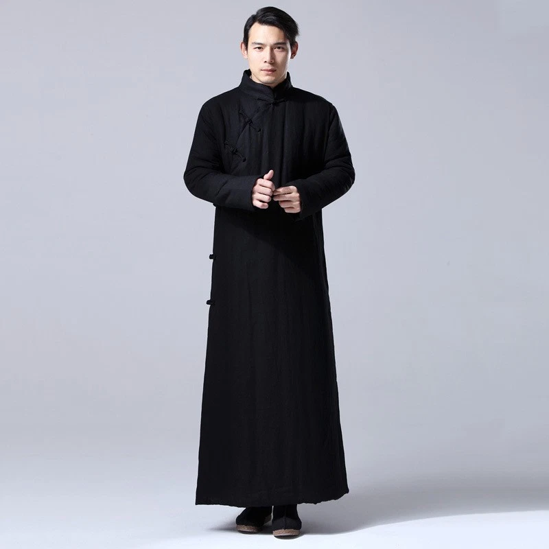 Winter Warm Chinese Style Men's Cotton Linen Long Robe Thick Warm Long Jackets - Image 4 of 4