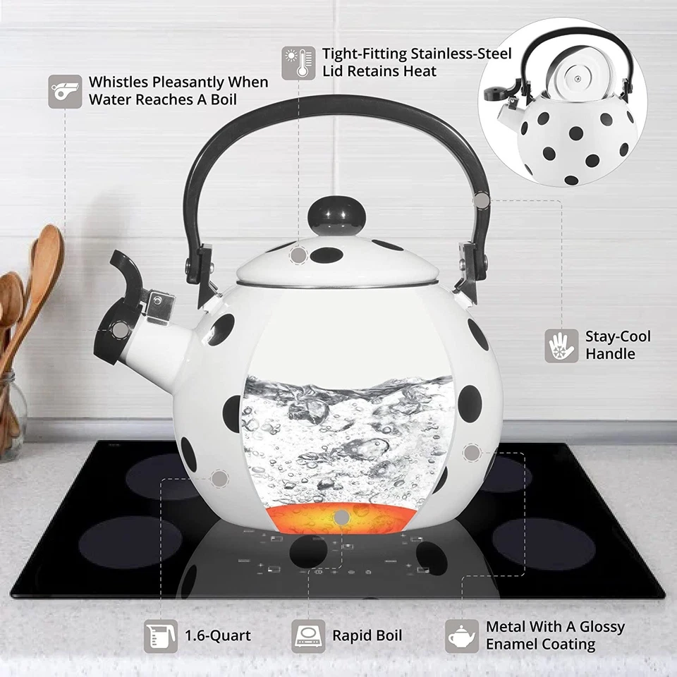 Tetera silbante para estufa decoración de lunares esmalte en acero 1,6 cuartos de galón Foto 3 de 4