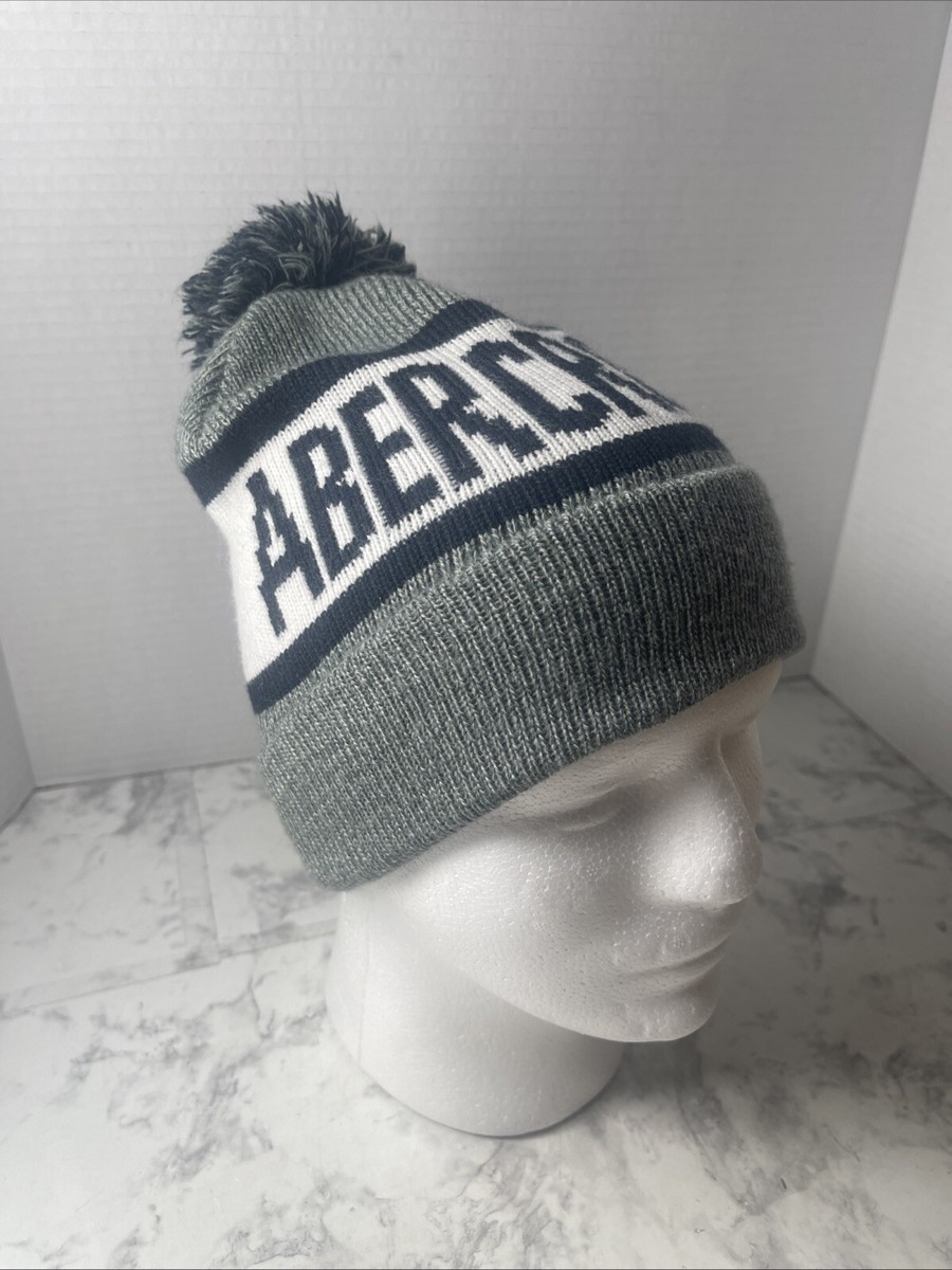 Abercrombie Fitch Beanie (Gray, Blue White) Large Logo Winter Hat with  Pom