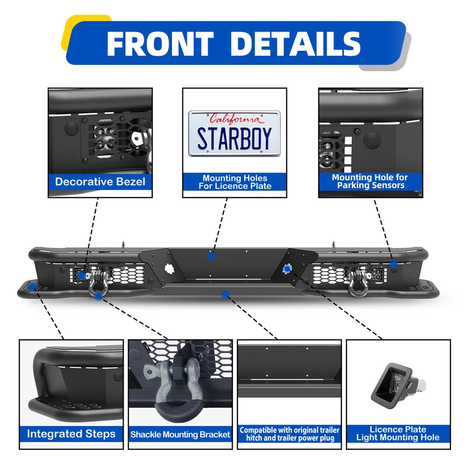 For 2007-2013 Toyota Tundra Rear Bumper w/ Sensor Holes & LED Lights & D-Rings Foto 4 de 4