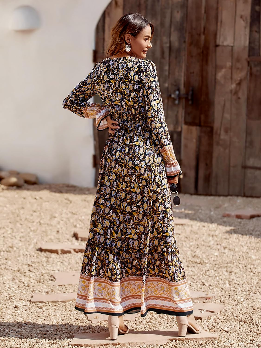 boho button up maxi dress Earthy Solstice Boho Bell Sleeve Maxi Dress Regular