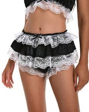 Frilly Lace Sissy Ruffled French Knickers Briefs Lingerie Silky Satin Panties