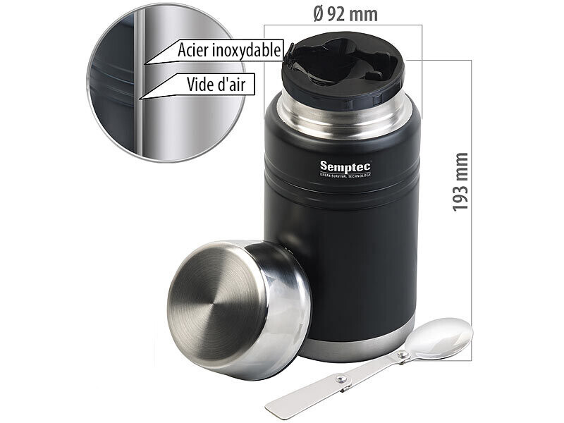 Récipient isotherme Semptec 750 ml en inox avec cuillère intégrée pour repas chaud
