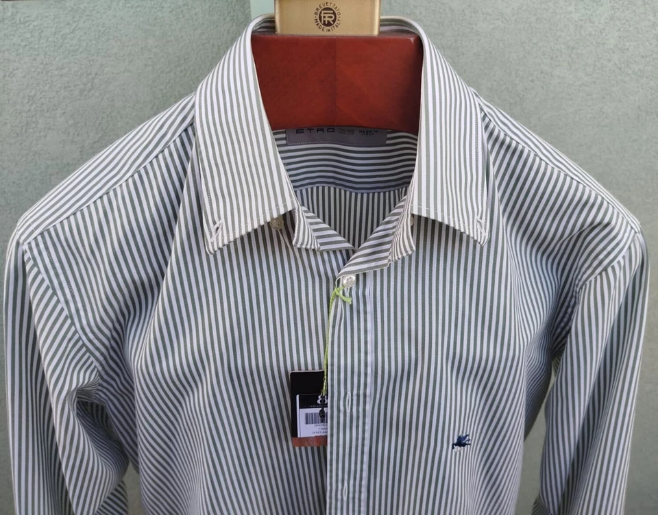 Camicia ETRO,Made Italy,GREEN stripes,logo ETRO,100% cotton,SIZE 39 (M Internat) - Immagine 2 di 4