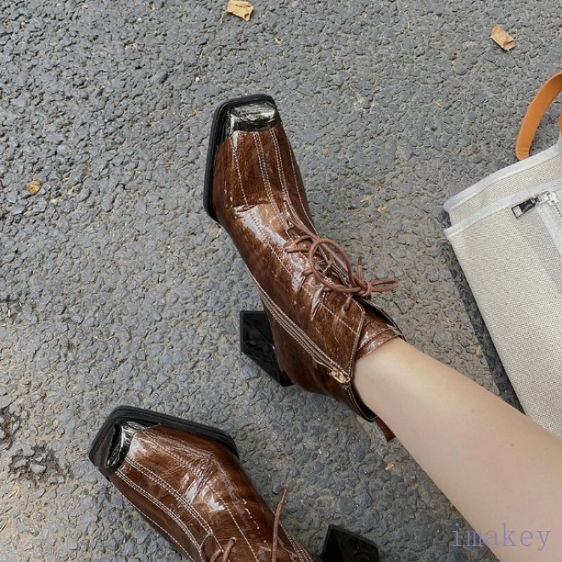 女士方头漆皮系带踝靴粗跟休闲鞋 40 — 第 3/4 张图片