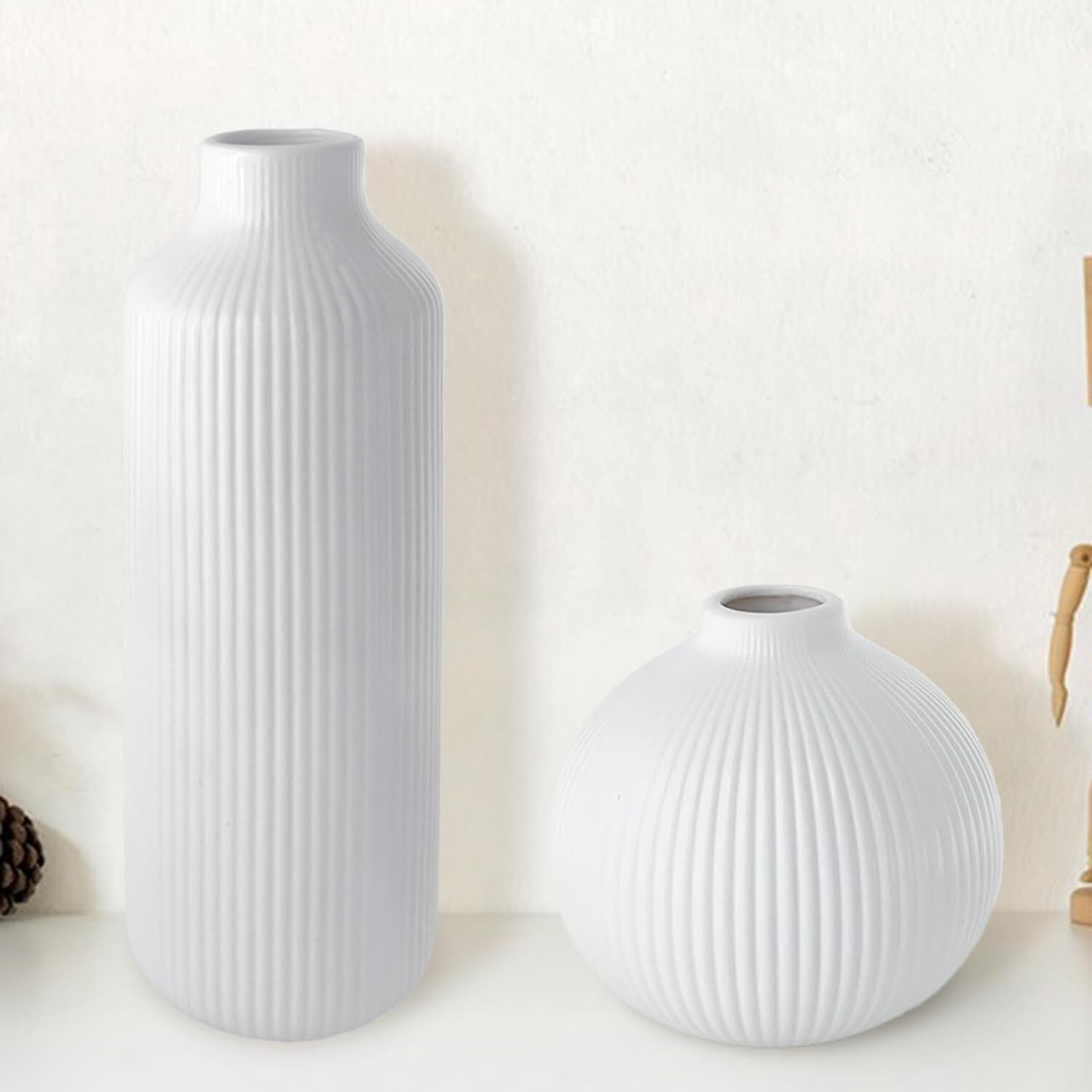 Ceramic Vase Set of 2, Small White for Flowers, Modern Home Decor