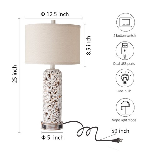 RORIANO 2-Pack Rustic Lamps | Farmhouse USB/Night Light | Antique White Resin - Picture 4 of 4