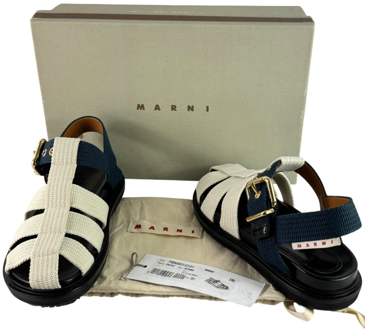 $690 MARNI Fisherman Leather and Canvas in White and Blue Sandals
