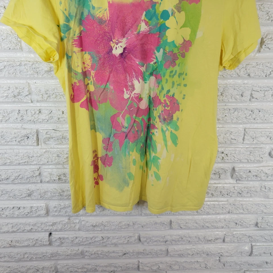 Just My Size Womens Top 1X Plus Cap Sleeve Yellow Pink Floral Glitter Cotton - Image 4 of 4