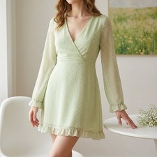 Boohoo Long Sleeve Dobby Wrap Mini Dress in Sage Green #1083