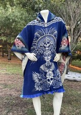 Handmade ALPACA Wool Poncho, Aztec Goddess, Blue, Nice, Warm And Easy To Wear