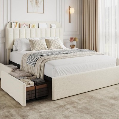 Beige Queen Size Bed Frame Upholstered Platform Bed with Headboard & 2 Drawers