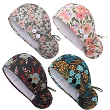 4 PCS Satin Lined Scrub Caps Buttons Adjustable Sweatband Tie Back