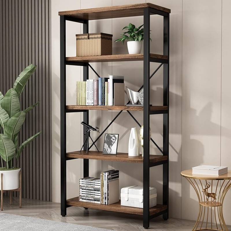 Vintage Industrial Solid Wood 5-Tier Bookshelf Sturdy Metal Frame