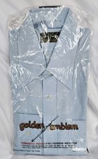 Vintage 1970s NOS Mens Perm Press Blue Dress Shirt Sz 15.5 LS Golden Emblem