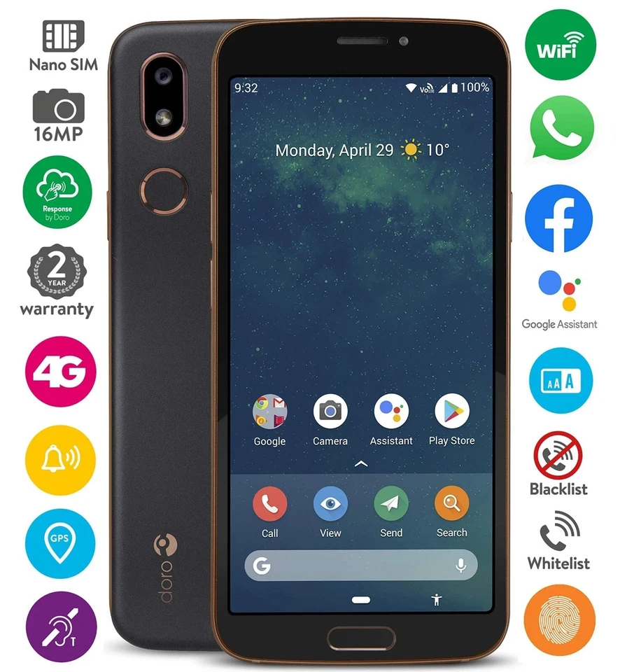Doro 8080 4G DSB-0220 32GB 3GB 5.7" Unlocked Android Senior Smartphone - Black - Image 4 of 4