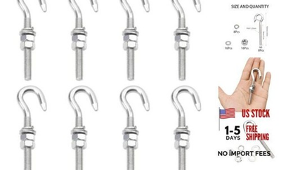 #ad 8Pcs M8 304 Stainless Steel Eye Ring Screw in Hooks with Washers Nut Hook Bolt $16.44