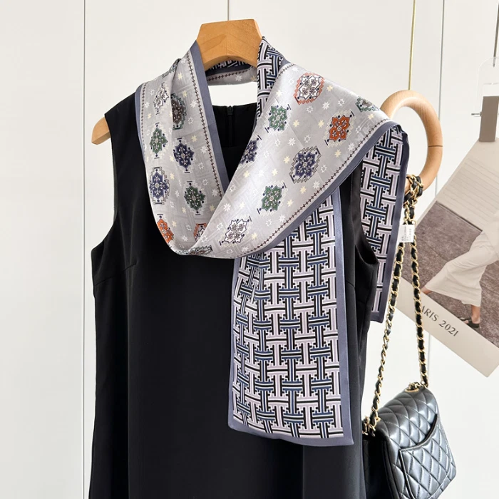 100% Silk Mulberry 150X16cm Scarf Women Neckerchief Wrap White Grey Totem Print