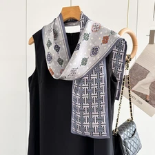 100% Silk Mulberry 150X16cm Scarf Women Neckerchief Wrap White Grey Totem Print