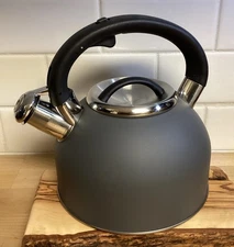 Oggi Brew Whistling Tea Kettle Graphite Stainless Steel Matte Gray Teapot