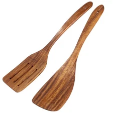 2 Pack Wooden Spatula, Acacia Wood Long Handle Flat Frying Turner, Handmade w...