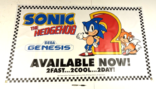 Sonic 2 '92 Vintage Style Store Display Banner Dealer Promocja Sega Genesis - Zdjęcie 1 z 5