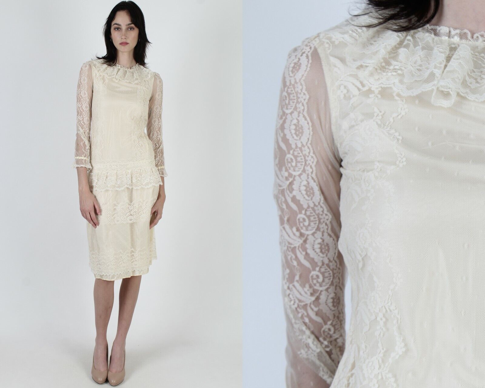 Vtg 80s Country Elegance Dress Sheer Ivory Lace D… - image 1