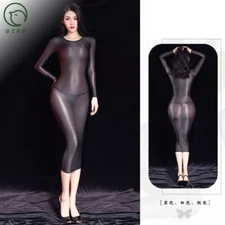 Womens Long Sleeve Shiny Glossy Sheer Bodycon Dress Mini Dress Clubwear Party