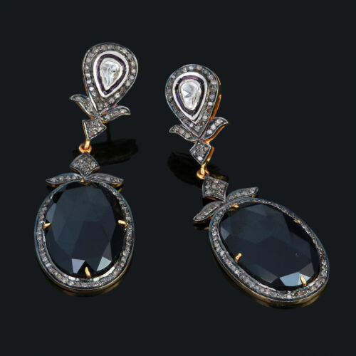 Pendientes de plata 925 piedras preciosas de ónix negro corte rosa diamante 1... - Imagen 3 de 7