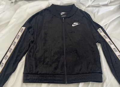 Nike Girl's Velour Shiny Black Track Jacket Full-Zip Sweatshirt