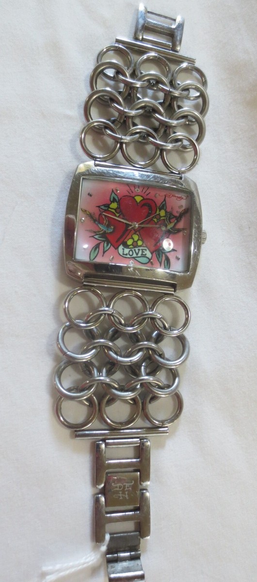 Ed Hardy Hearts Birds Dial Silver Tone Case Chain Link Style