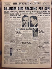 VINTAGE NEWSPAPER HEADLINE ~JOHN DILLINGER SHOT DEAD 1934 CRIME MURDER ROBBERY