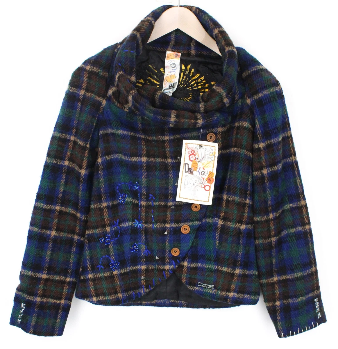 Desigual Mula Damen Mantel EU38 Blau Kariert Bestickt Wollmischung Designer Logo
