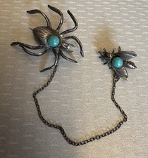 Native American Sterling Silver Turquoise Spider and Fly Chain Connected Brooch
