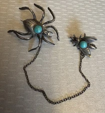 Native American Sterling Silver Turquoise Spider and Fly Chain Connected Brooch