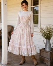Vintage Gunne Sax Jessica McClintock Dress Size 9 Fits S Ivory Pink Floral Lace