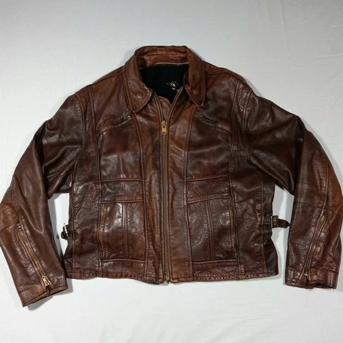 Distressed 70s LESCO Leather Motorcycle Jacket Sports Moto Dagger Collar Vintage - product listing photo